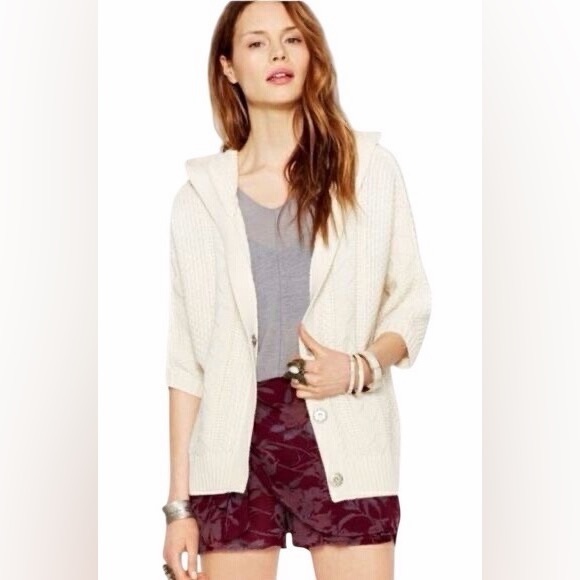 Free People Cream Cable Knit Hooded Cardigan | Cottagecore Coastal Grandma Boho - Picture 13 of 16